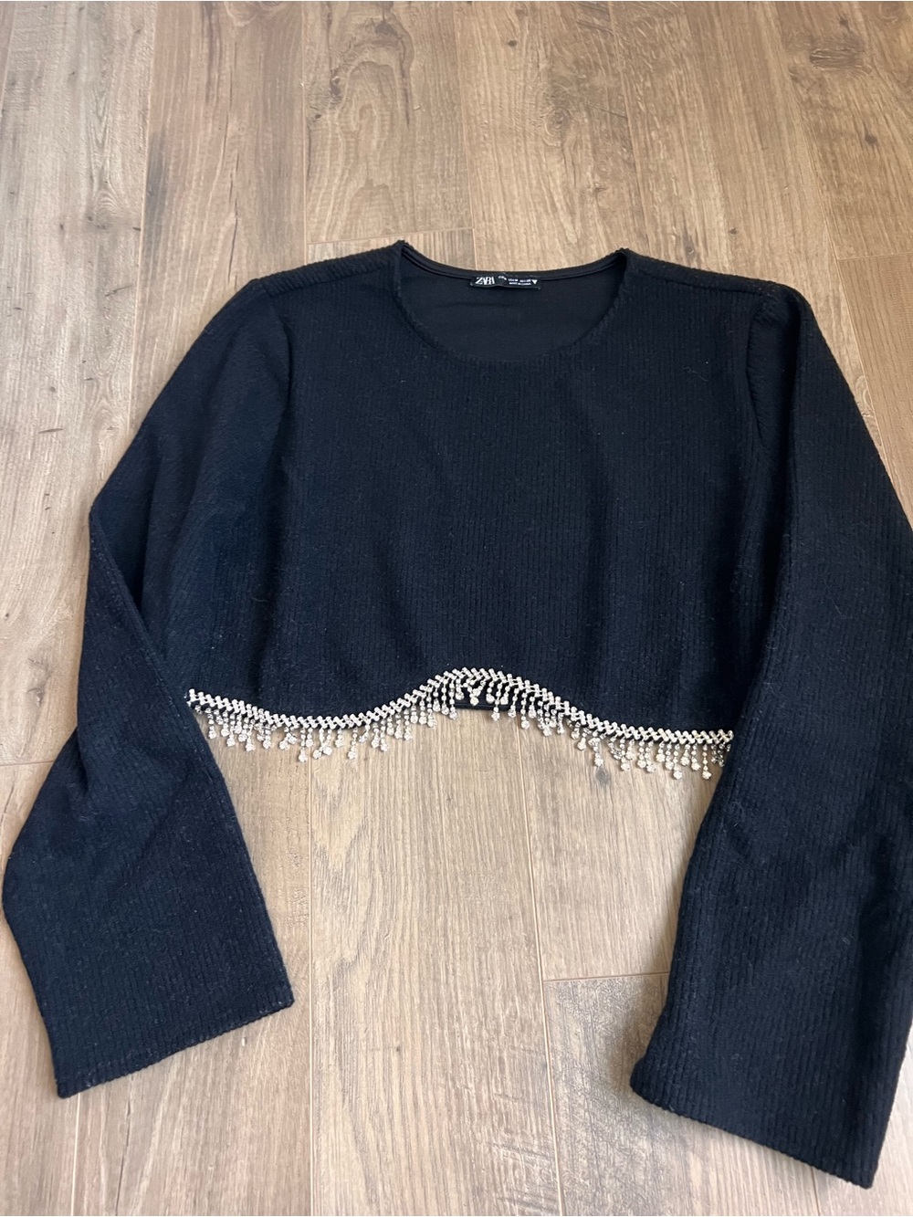 Zara Black Ribbed Top - Crew Neck